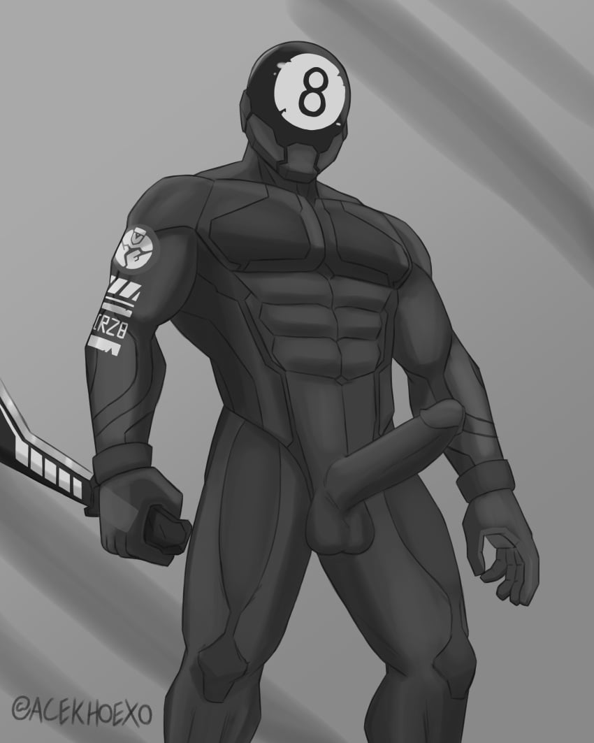 5_fingers 8-ball_(fortnite) acekhoexo arm_down armor balls big_penis black_balls black_body black_glans black_markings black_penis digital_media_(artwork) erection faceless_male fortnite glans helmet highres humanoid looking_at_viewer male masked masked_men muscular muscular_male nude nude_male penis signature solo_male tattoo tattooed_arm warrior