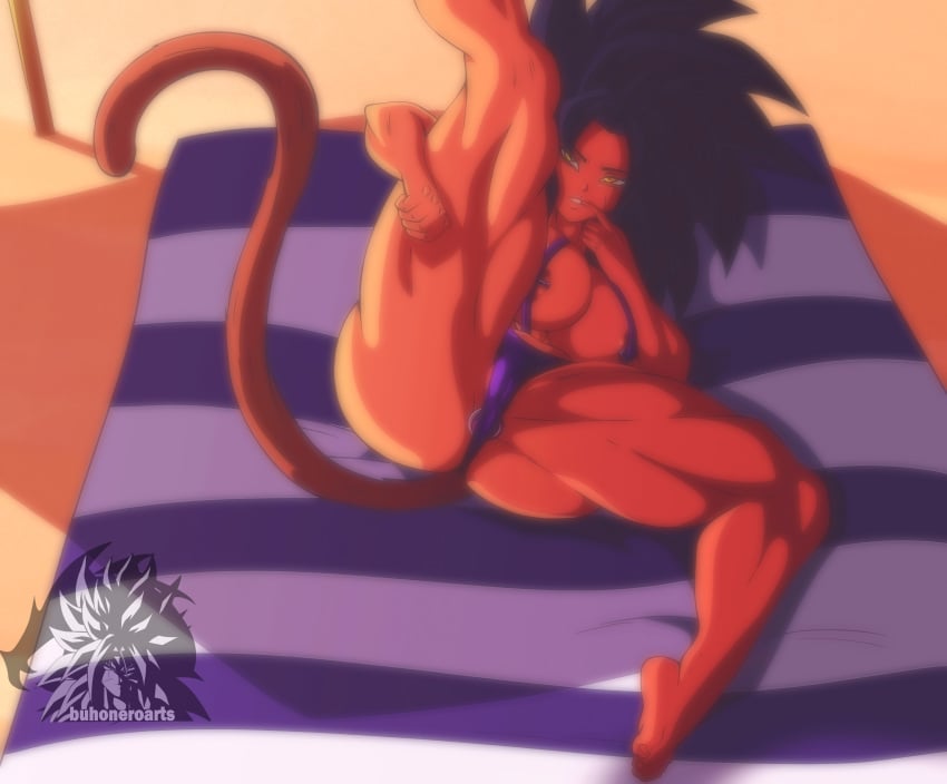 arm_under_legs beach beach_towel buhonero_arts buttplug cameltoe dark-skinned_female dragon_ball emite_(icydud3) large_breasts leg_up micro_bikini muscular_female original_character pierced_nipples saiyan seductive_pose spiky_hair spread_legs tail yellow_eyes