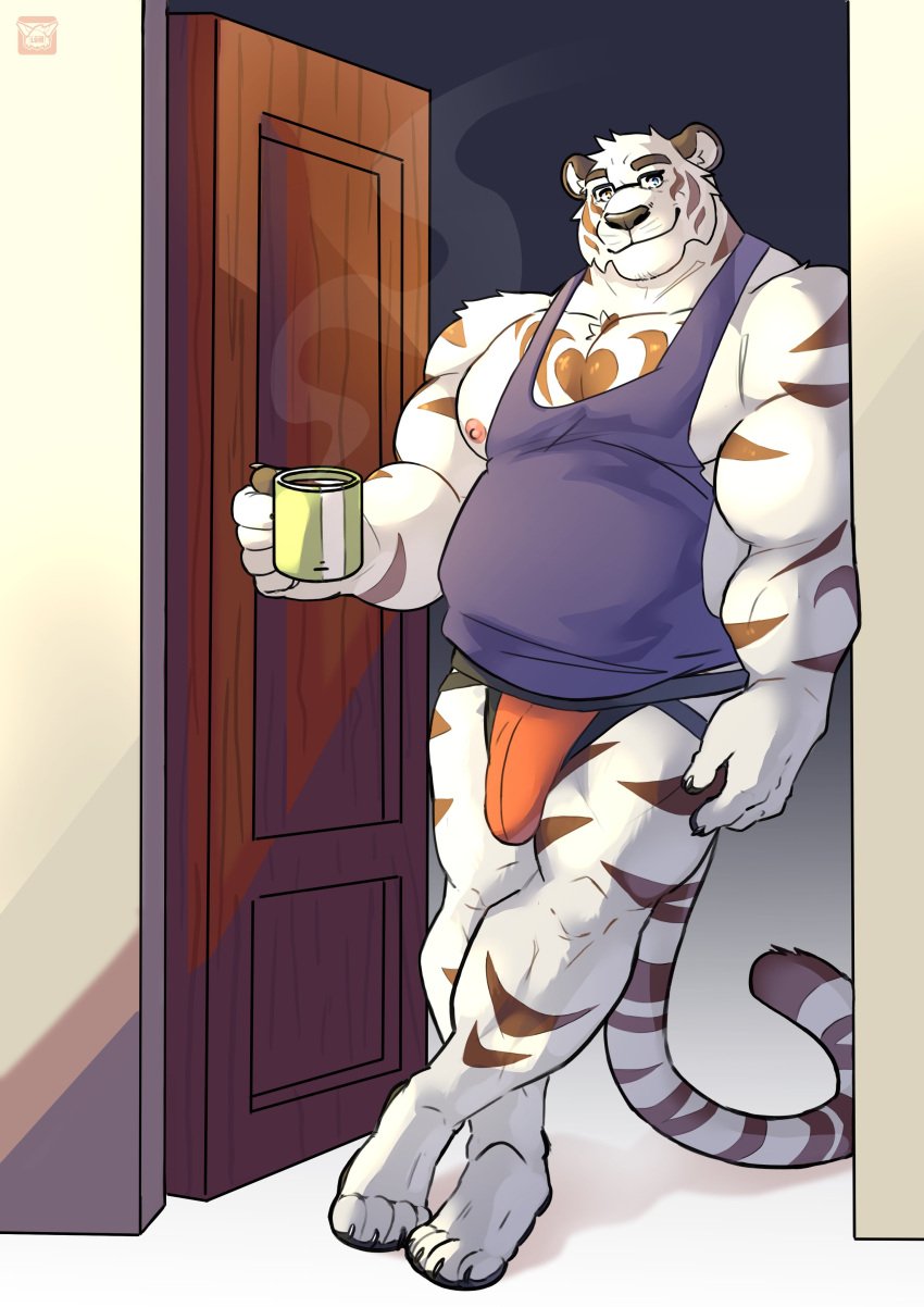 2024 absurd_res anthro belly biceps biped bulge clothing coffee_mug crossed_legs deltoids detailed_bulge door doorway eyewear felid genital_outline glasses heart_symbol hi_res in_doorway inside jockstrap leaning lomlynx looking_at_viewer male male_anthro male_only mammal manly musclegut muscular nipples orange_clothing orange_jockstrap orange_underwear pantherine pecs penis_outline pubes purple_clothing purple_shirt purple_tank_top purple_topwear shirt slightly_chubby smile smiling_at_viewer solo steam tank_top tiger topwear triceps underwear