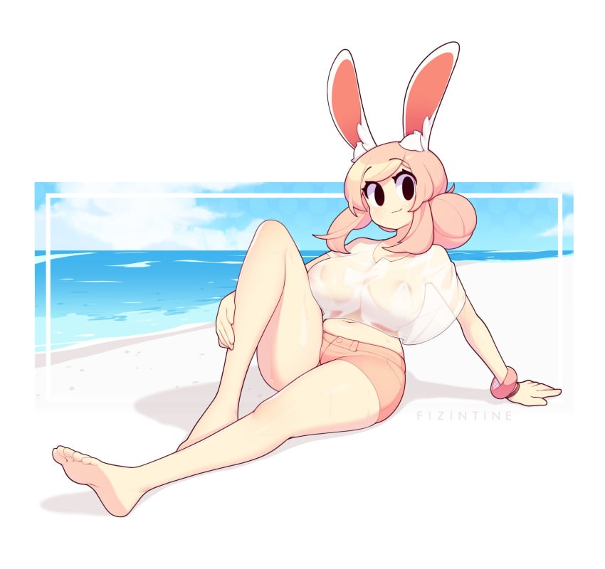 1girls beach bent_leg black_eyes bunny_ears bunny_girl feet female female_only fiz fizintine hi_res looking_at_viewer original pink_hair seaside shorts sitting smiling smiling_at_viewer solo t-shirt tied_hair wet_clothes wet_t-shirt