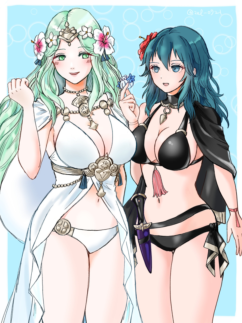 2girls alternate_costume bikini black_bikini black_swimsuit blue_eyes breasts byleth_(female)_(fire_emblem) byleth_(female)_(summer)_(fire_emblem) byleth_(fire_emblem) byleth_(fire_emblem)_(female) female female_only fire_emblem fire_emblem:_three_houses fire_emblem_heroes nintendo official_alternate_costume open_mouth rhea_(fire_emblem) rhea_(summer)_(fire_emblem) swimsuit white_bikini white_swimsuit zel_0921