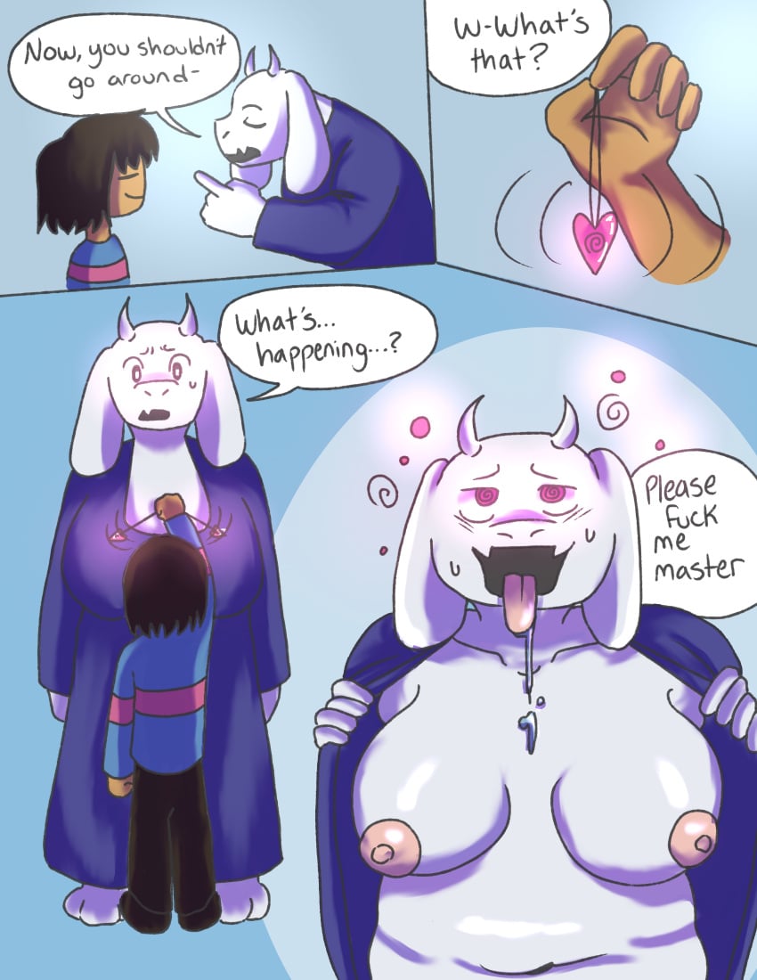 ahe_gao big_breasts comic comic_page comic_panel comic_strip drool drooling frisk hypnosis hypnosis hypshikl mind_break mind_control pendulum spiral spiral_eyes stripping swinging_pendulum tongue_out toriel undertale undressing