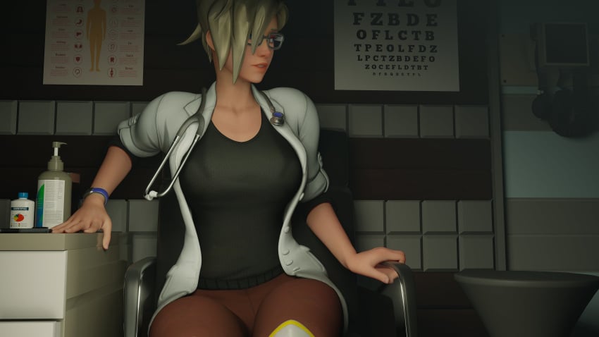 3d alternate_version_available angela_ziegler blizzard_entertainment blonde_hair blue_eyes clothed clothing dim_lighting dr._ziegler female female_only fully_clothed glasses labcoat light-skinned_female light_skin looking_around looking_to_the_side mercy overwatch overwatch_2 pants parted_lips platinum_blonde_hair ponytail solo solo_female stethoscope sweater tagme wristwatch zmsfm