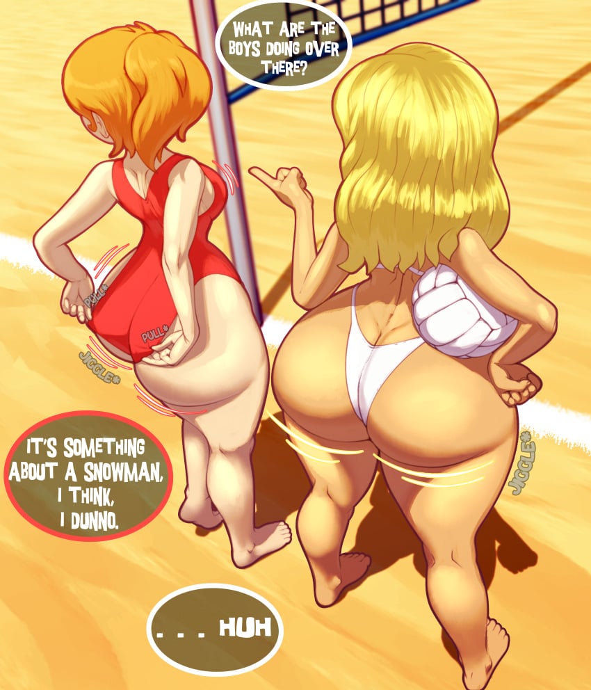 2girls adjusting_clothes ass beach big_ass bikini blonde_hair bubble_butt dat_ass dialogue fat_ass female female_only hand_on_hip huge_ass large_ass marge_simpson_(smiling_friends) n-kosi n-kosi_(coloring) one-piece_swimsuit orange_hair outdoors png sand smiling_friends swimsuit text thick_ass thick_thighs volleyball volleyball_net wide_hips zoey_(smiling_friends)