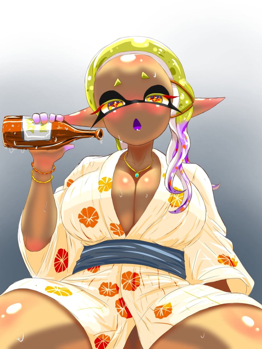 2024 background bedroom_eyes blush_lines blushing blushing_at_viewer bracelets breasts dark-skinned_female dark_skin digital_drawing_(artwork) digital_media_(artwork) dipstick_fingers eyelashes frye_(splatoon) frye_onaga grey_background hi_res holding_beer holding_drink holding_object huge_breasts japanese_clothes japanese_clothing looking_at_viewer multicolored_hair naughty_face necklace nintendo open_mouth pseudo_hair purple_hair purple_tongue splatoon splatoon_(series) splatoon_3 t2ukmyjm tentacle tentacle_hair thick_thighs wet_body wet_breasts wet_face wet_thighs yellow_eyebrows yellow_eyes yellow_hair