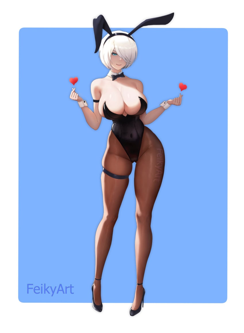 1girls 2024 artist_name big_breasts blue_eyes bunny_ears bunny_ears_(cosmetic) bunnysuit detached_collar feikyart female female_only full_body hair_over_one_eye heels hi_res looking_at_viewer neck_ribbon nier:_automata pantyhose smiling smiling_at_viewer solo thigh_squish thigh_strap white_hair wrist_cuffs yorha_2b