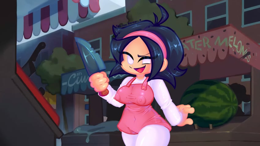 1girls any_fen_random black_hair clothed clothed_female erect_nipples female female_only friday_night_funkin hairband hi_res holding_knife holding_object knife navel navel_visible_through_clothes nene_(newgrounds) newgrounds nipple_bulge nipples nipples_visible_through_clothing open_mouth pico's_school redraw smile tight_clothing twitter_username white_eyes