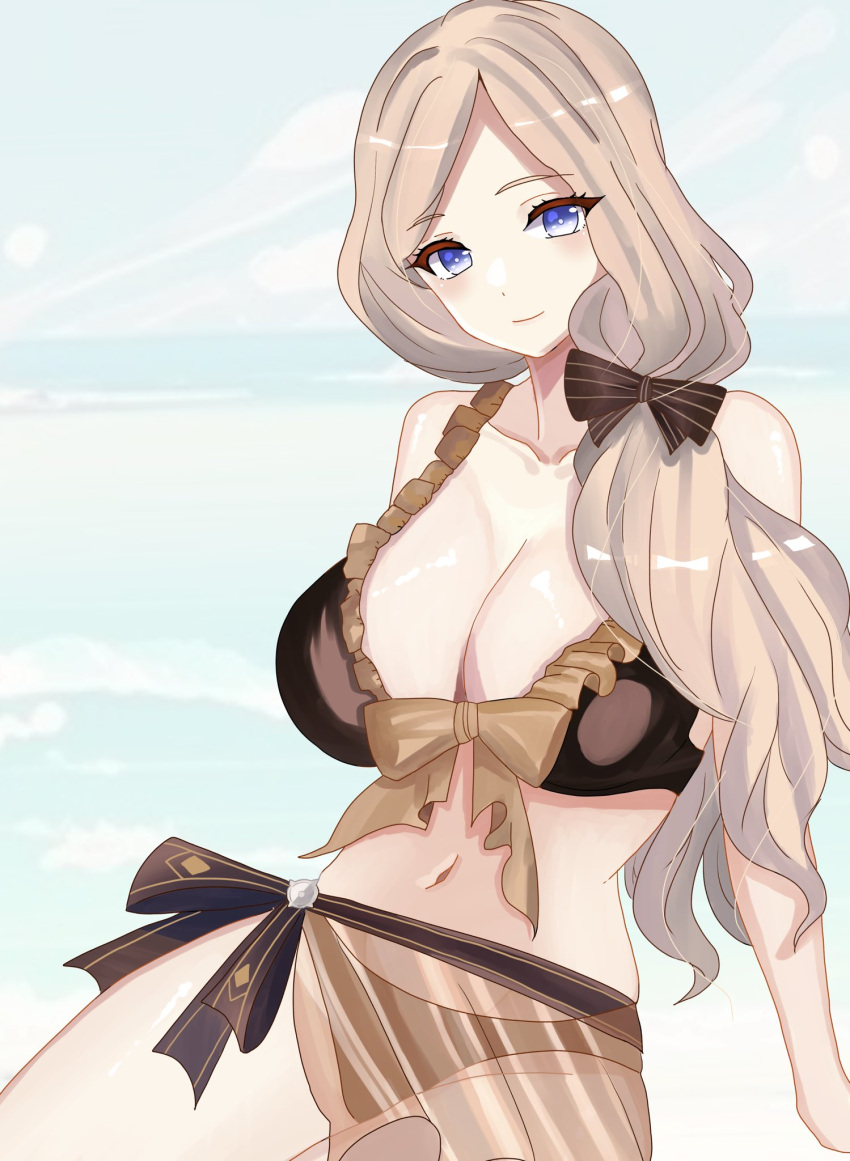 bikini black_bikini black_swimsuit breasts female female_only fire_emblem fire_emblem:_three_houses fire_emblem_heroes looking_at_viewer mercedes_von_martritz mercedes_von_martritz_(summer) n_54 nintendo solo swimsuit