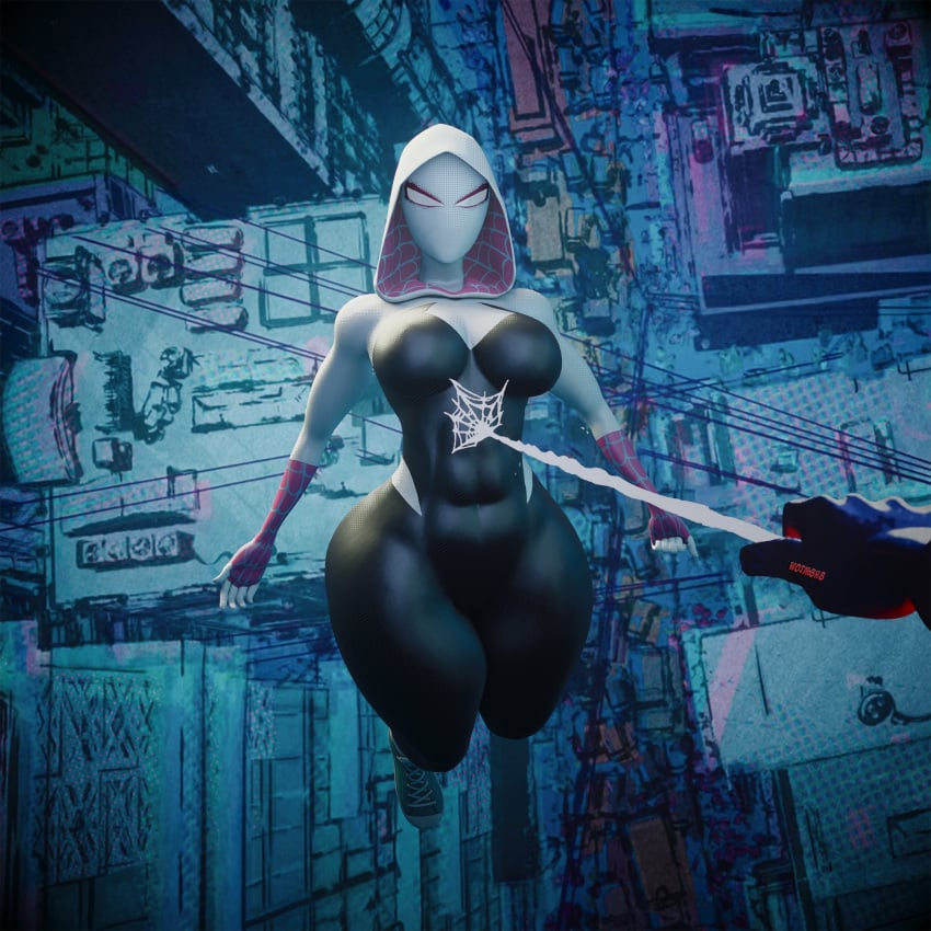 1boy 1girls 3d 3d_(artwork) abs angry angry_expression angry_face athletic athletic_female big_breasts breasts clothed clothed_female costume female female_focus female_only full_color fully_clothed ghost_spider gwen_stacy heroine hips hood marvel mask masked masked_female miles_morales no_penetration no_sex spider-gwen spider-man:_across_the_spider-verse spider-man:_into_the_spider-verse superheroine thick_thighs thighs tight_clothing toned toned_female wide_hips wotm8h8