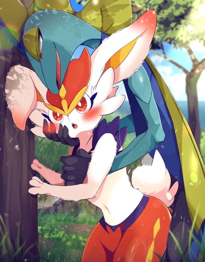 ambiguous_gender anthro anthro_on_anthro blush cinderace duo forest fur generation_8_pokemon hi_res inteleon long_ears male male/ambiguous navel nintendo partially_visible_penis plant pokemon pokemon_(species) prrrrrrmine scut_tail short_tail size_difference tail tree white_body white_fur white_tail