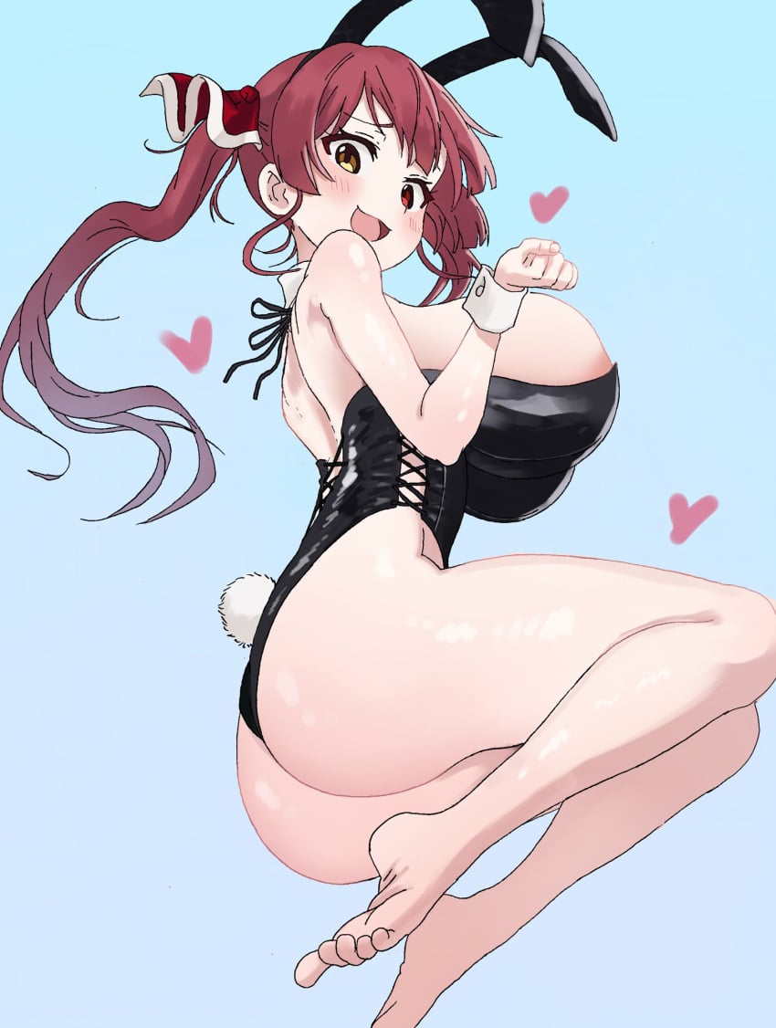 :3 :d areola_slip ass barefoot big_ass black_leotard bratty bunny_ears bunny_girl bunny_tail bunnysuit feet gigantic_breasts heart hololive houshou_marine huge_ass jumping leotard rear_view smug smug_face smug_smile soles toes virtual_youtuber w_arms