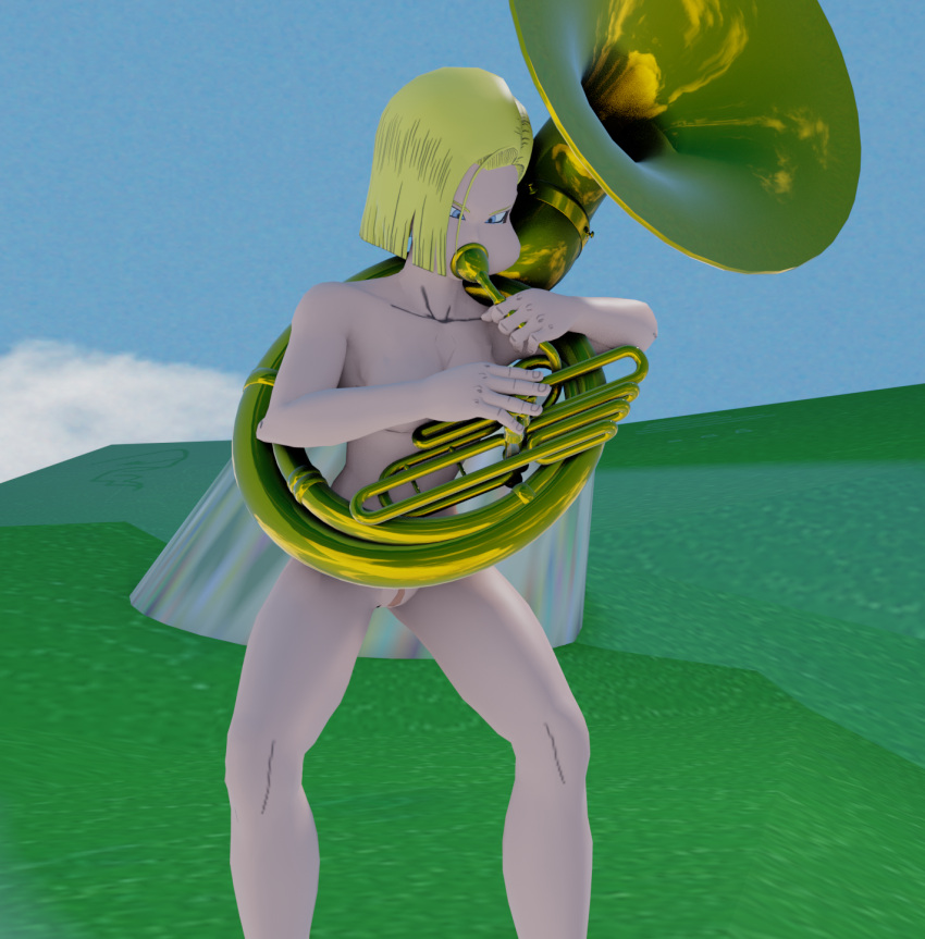 1girls 3d android_18 blender blender_(software) blonde_hair blue_eyes brass_instrument cross-eyed dld493v2 dragon_ball dragon_ball_z female female_only light-skinned_female light_skin medium_breasts musical_instrument nude nude_female playing_instrument puffed_cheeks pussy self_upload short_hair small_breasts solo solo_female sousaphone standing tuba