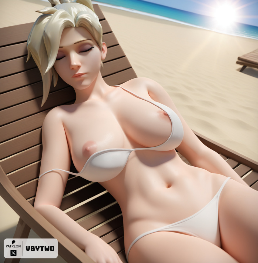 ai_generated beach beach_chair bikini blizzard_entertainment exposed_breasts highres mercy nipple_slip overwatch overwatch_2 patreon sleeping vbytwo