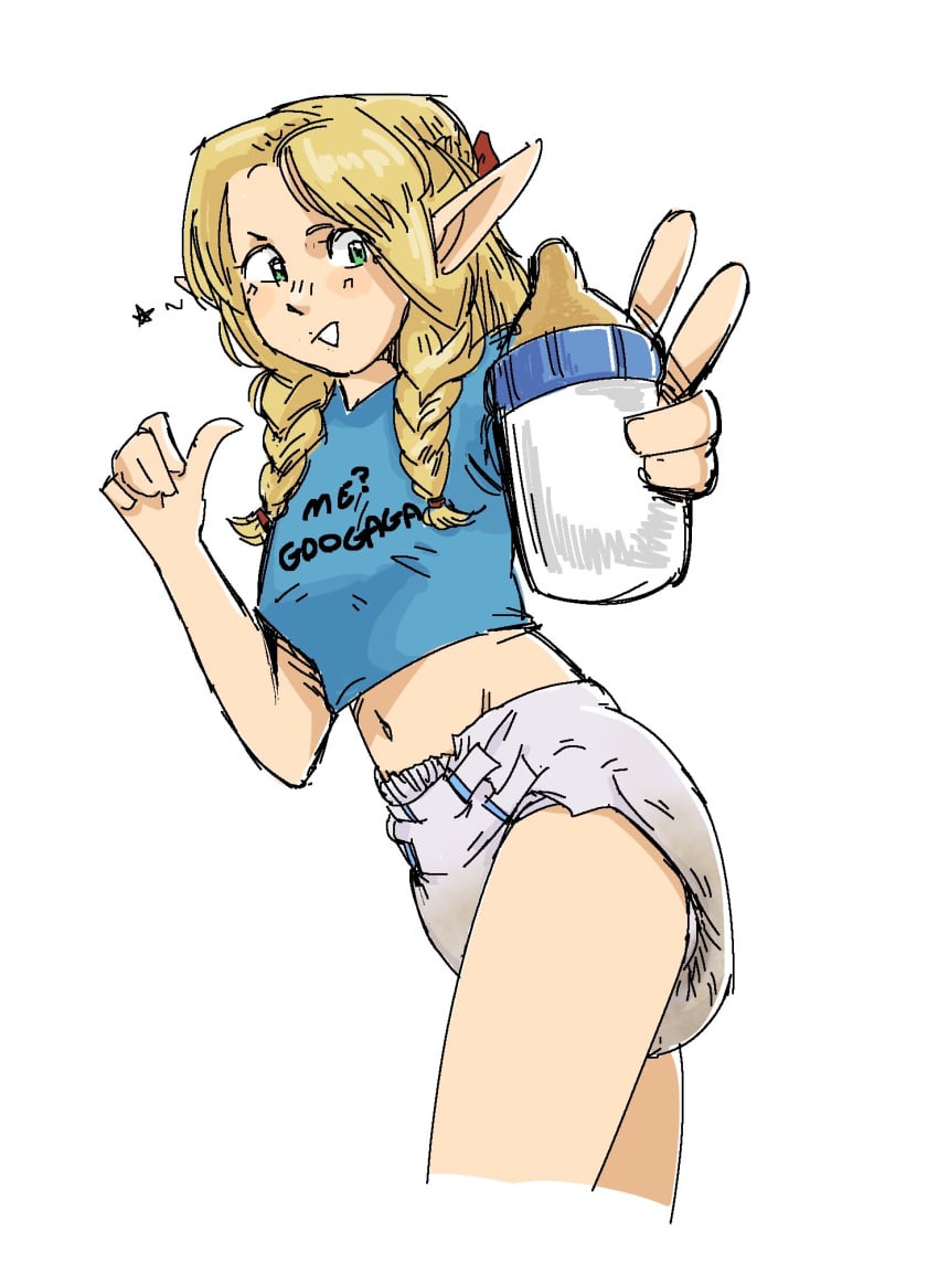 1girls abdl blonde_female blonde_hair blonde_hair_female delicious_in_dungeon diaper diaper_fetish dungeon_meshi eggddemon female infantilism marcille_donato scat scat_fetish shirt sippy_cup soiled_diaper soiling soiling_diaper t-shirt tagme text