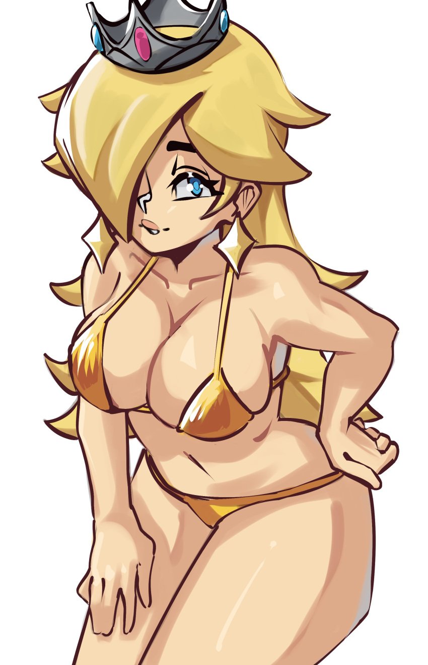 1girls 2020s 2024 bent_over big_breasts bikini blonde_hair blue_eyes breasts busty cleavage confident crown earrings female female_only hair_over_one_eye large_breasts leaning_forward legs long_hair looking_at_viewer mario_(series) moxydrawsmore navel nintendo princess_rosalina shiny_skin simple_background smile solo star_earrings super_mario_galaxy thighs white_background