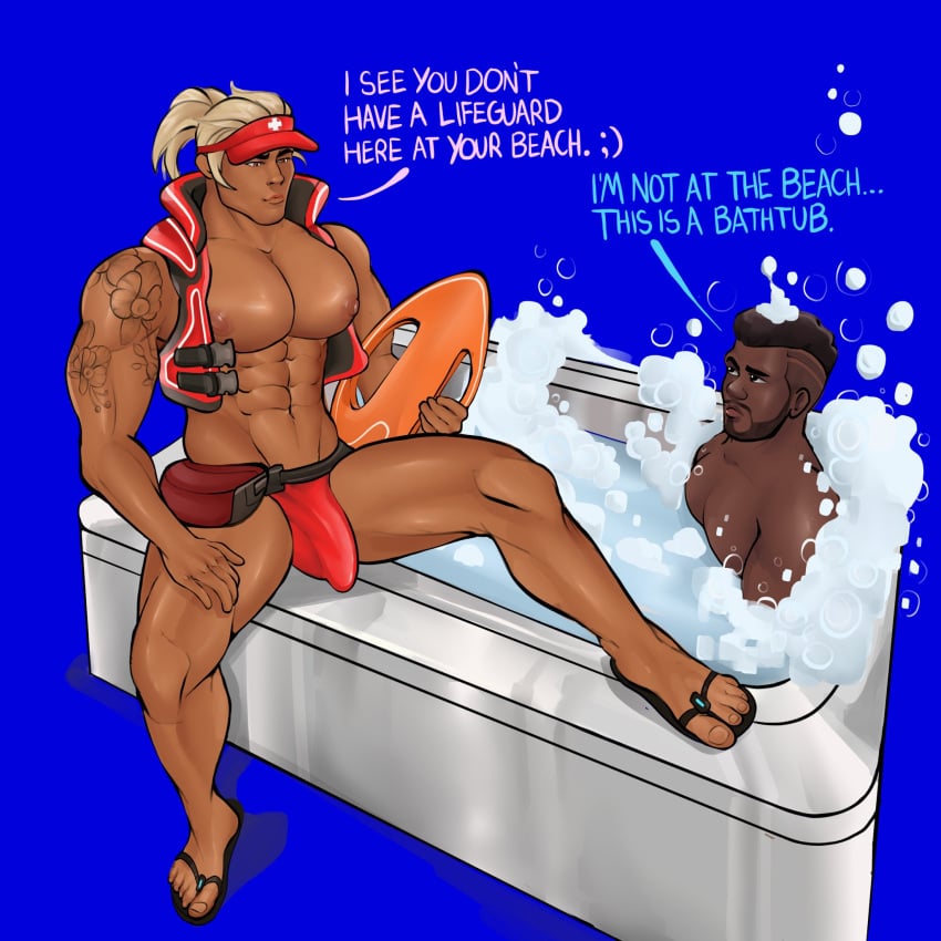 baptiste bath bathtub bathtub_lifeguard_(meme) black_hair blonde_hair brown_eyes bulge cardboardbaux dark-skinned_male lifeguard lifeguard_lifeweaver lifeweaver male_only meme nipples open_toe_footwear overwatch overwatch_2 pecs sandals sitting_on_bathtub six_pack speedo tattoo tattoo_on_arm visor