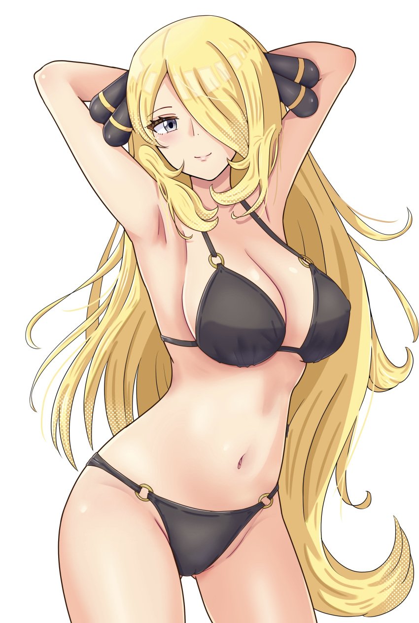 1girls absurd_res armpits arms_behind_head big_breasts bikini black_bikini blonde_hair blush breasts cleavage clothing commentary covered_nipples cowboy_shot creatures_(company) cynthia_(pokemon) erect_nipples female game_freak gluteal_fold grey_eyes hair_ornament hair_over_one_eye hands_behind_head hi_res long_hair looking_at_viewer maho_(corotonton5150) more_at_source nintendo paid_reward_available pokemon pokemon_(game) pokemon_champion pokemon_dppt pose simple_background smile solo spread_legs standing swimsuit very_long_hair