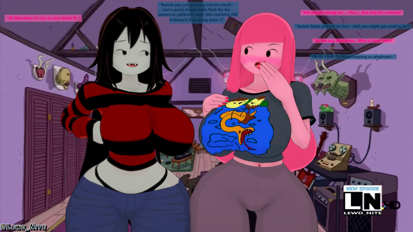 3d adventure_time big_ass big_breasts big_butt blush blushing bonnibel_bubblegum celebration flannel follower_celebration lewd_nite marceline marceline_abadeer marceline_the_vampire_queen milestone_celebration pajamas pink_body pink_hair pink_skin princess_bubblegum smiling smiling_at_partner tagme text thick thick_thighs tight_clothing