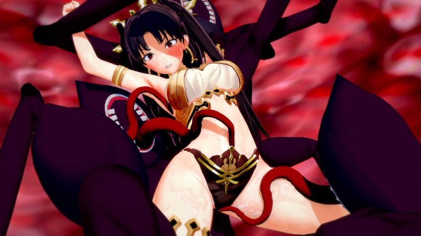 1girls 3d armpits black_hair breasts fate/grand_order fate_(series) female groping imminent_rape ishtar_(fate) kick kicking koikatsu lahmu lahmu_(fate) long_hair long_tongue monster rape red_eyes shorts spread_legs sweat teeth