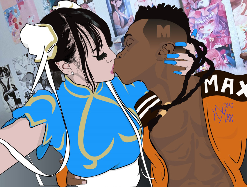 1boy 1girls asian asian_female capcom chinese chinese_clothes chinese_female chun-li dark-skinned_male dark_skin dee_jay deviantart female interracial kiss kissing making_out male street_fighter street_fighter_6