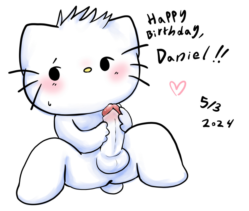 2024 anthro big_penis blush bobtail_cat chibi dear_daniel domestic_cat felid feline felis fur genitals hello_kitty hello_kitty_(series) hi_res kittystarr looking_away male mammal masturbation penis sanrio solo white_body white_fur