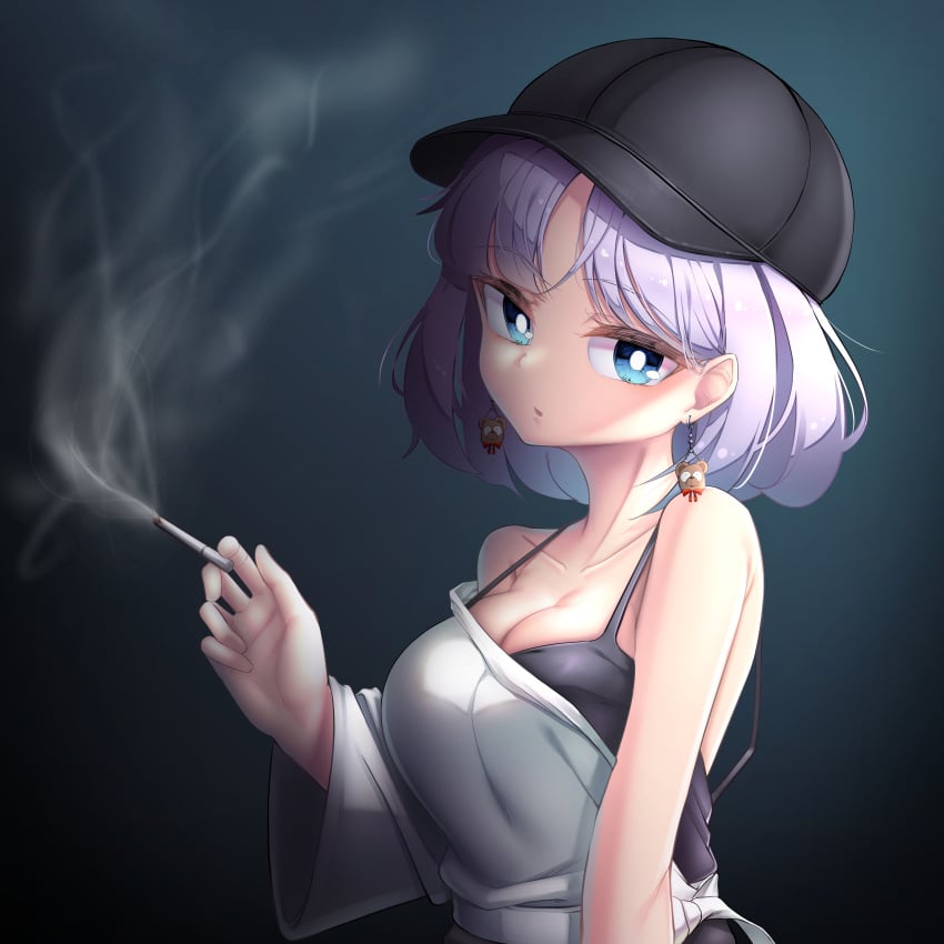 1girls bare_shoulders baseball_cap blue_eyes cigarette cleavage dark_background earrings head_tilt looking_at_viewer purple_hair smoking solo solo_female violet_hair