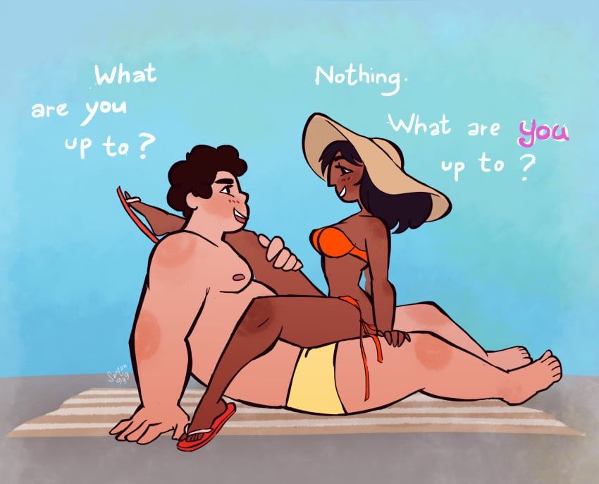 1boy 1boy1girl 1girls american assertive assertive_male bigger_male bikini blush blushing canon_couple caucasian caucasian_male chubby_male connie_maheswaran curly_hair dark-skinned_female dark_skin dark_skinned_female dialogue dominant dominant_male fat_man female femsub flip_flops flirting flirting_look golden_arch_position hand_on_thigh hands_on_thighs hat indian_female interracial leg_over_shoulder light-skinned_male light_skin light_skinned_male looking_at_another loose_bikini loose_clothes male male_focus male_tits maledom manly muscle muscles muscular muscular_male pecs pectorals sandals santan999 shorter_female sitting_on_lap smaller_female smiling_at_partner steven_quartz_universe steven_universe submissive submissive_female swimsuit swimwear taller_male teasing toned toned_male wholesome