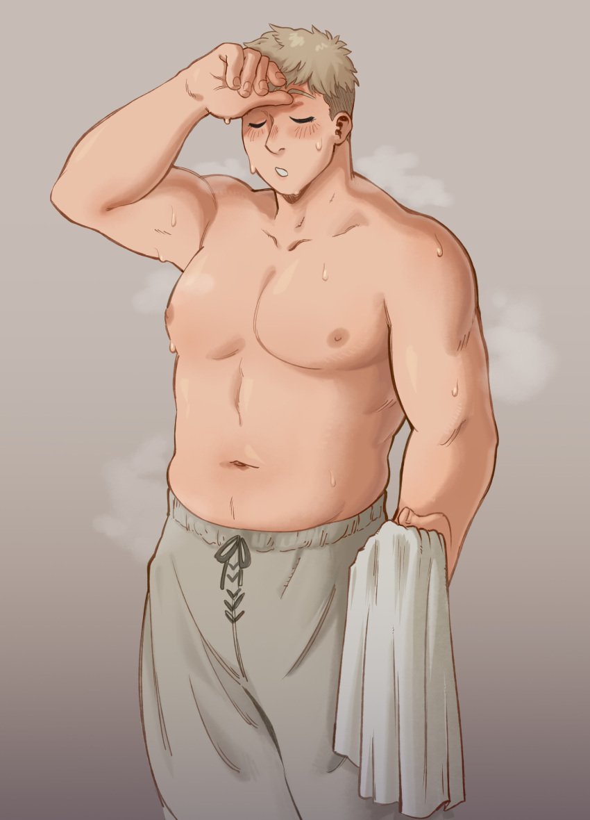 1boy absurd_res blush brown_hair buff buff_male closed_eyes delicious_in_dungeon dungeon_meshi human human_only laios_touden male male_only masculine pants pepprnsalt sfw shaved_side short_hair solo sweat topless towel wiping_sweat