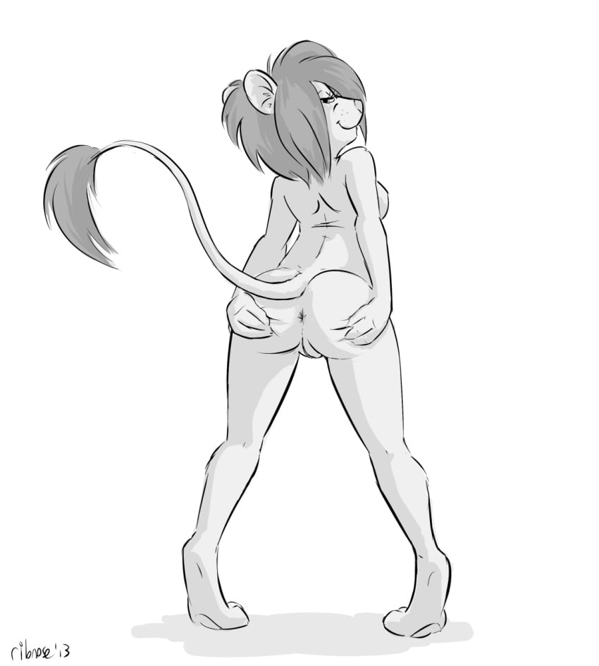 2013 anthro ass black_and_white breasts feline female fur furry hair lion lioness looking_at_viewer looking_back maya_white monochrome plain_background presenting presenting_hindquarters pussy ribnose sideboob smile solo spreading white_background