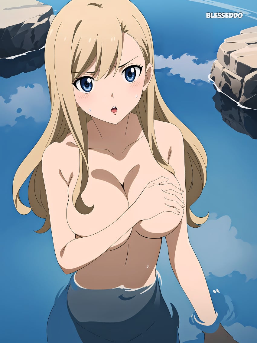 1girls above_view ai_generated arm_covers_breast big_breasts blesseddo covering_breasts edens_zero lake looking_up nude nude_female partially_submerged rebecca_bluegarden solo standing standing_in_water water