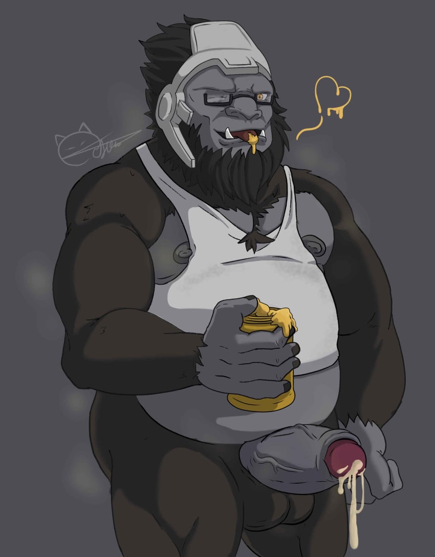 anthro balls bara barazoku boner bottomless bragotiger cum erection furry glasses gorilla male male_only muscles muscular musk one_eye_closed overwatch pantsless peanut_butter penis solo solo_male tank_top tongue_out wink winston_(overwatch)