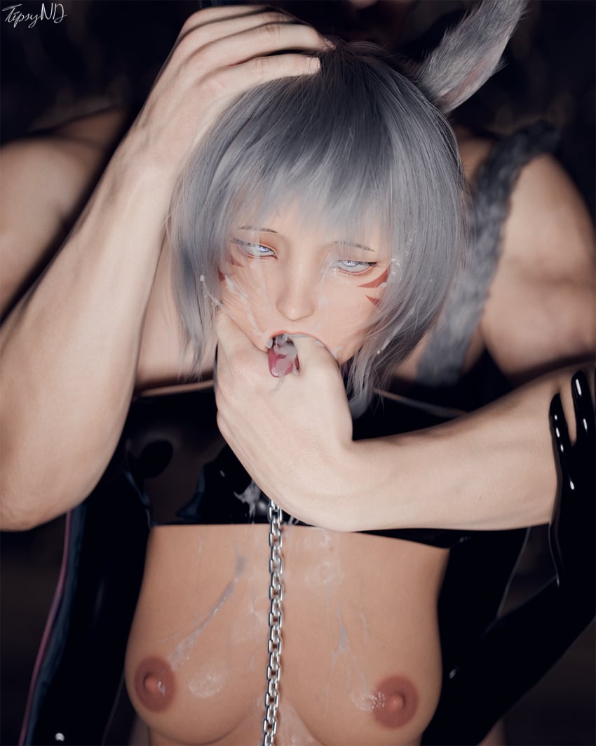 1boy 1girls 3d ahe_gao cum cum_drunk cum_in_mouth cum_on_breasts cum_on_face cum_swallow face_grab female ffxiv final_fantasy final_fantasy_xiv finger_in_mouth latex male miqo'te reverse_bunnysuit submissive tipsynd tongue_out y'shtola