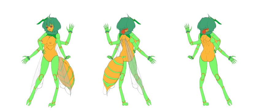 4_arms absurd_res ahoge animal_genitalia animal_humanoid antennae_(anatomy) apocalipsejack arm_tuft arthropod arthropod_abdomen arthropod_humanoid bee big_breasts breasts cloaca compound_eyes digitigrade exoskeleton fangs female front_view genitals green_body green_hair hair hi_res humanoid hymenopteran hymenopteran_humanoid insect_humanoid insect_wings insects macross macross_frontier mandibles monsterification multi_arm multi_limb multicolored_body neck_tuft nipples nude open_mouth orange_body pussy ranka_lee rear_view red_eyes simple_background solo stinger_(anatomy) teeth tongue tuft vertical_cloaca wings wrist_tuft