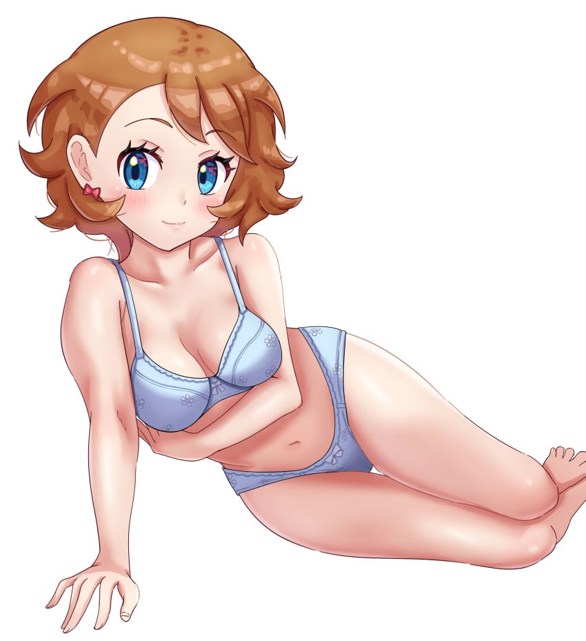 1girls absurd_res alternate_hair_color arm_support barefoot blue_bra blue_eyes blue_panties blush bow bow_panties bra breasts brown_hair cleavage clothing collarbone commentary creatures_(company) earrings female full_body game_freak hi_res human jpeg legs_together lingerie looking_at_viewer maho_(corotonton5150) matching_underwear medium_breasts navel nintendo paid_reward_available panties pokemon pokemon_(anime) pose relaxing serena_(pokemon) short_hair simple_background smile solo star underwear wide_hips