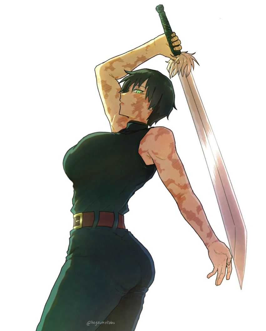 1girls belt belt_buckle burn_scar burns expressionless eye_contact fully_clothed green_eyes heyzumntabs holding_sword holding_weapon jujutsu_kaisen looking_at_viewer scar scarred scars scars_all_over short_hair sleeveless sleeveless_turtleneck sword zenin_maki