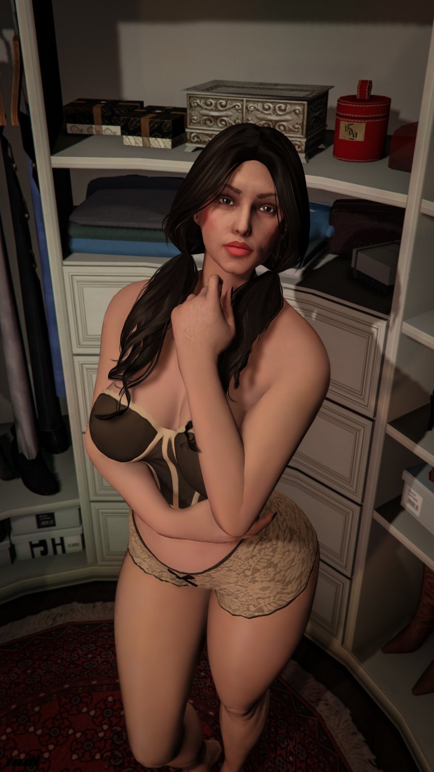 1girls ass breasts breasts breasts brown_eyes brown_hair female grand_theft_auto grand_theft_auto_online grand_theft_auto_v kim_brûlée lace lingerie naked naked_female nipples nopixel nude nude_female nullinvoid thick_ass thick_thighs thighs twintails