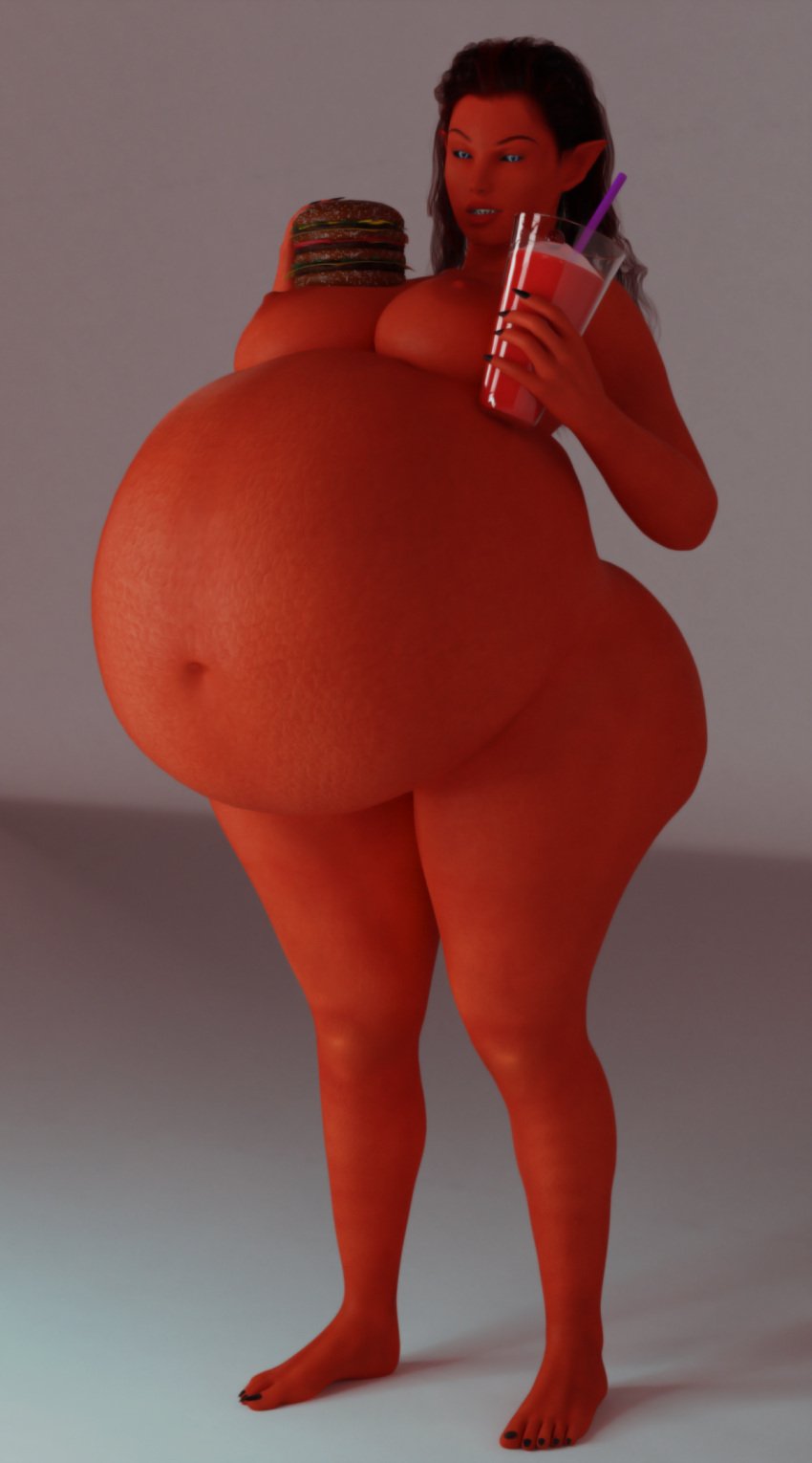 1girls 3d belly belly_expansion big_belly big_breasts bloated bloated_belly breasts burger demon demon_girl demoness expansion female food huge_belly monster_girl nipples overeating red_skin solo stuffed_belly stuffing thatonebluedevil