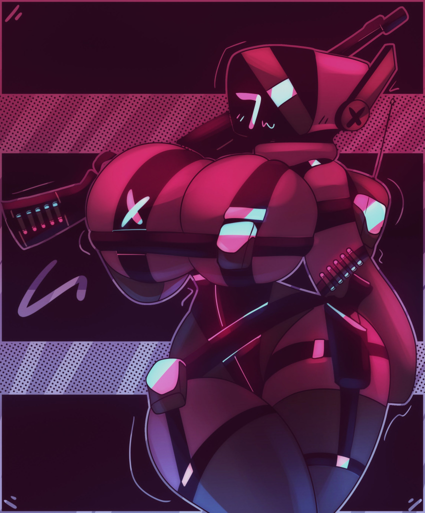 1girls 2024 2d ammo_belt ammunition android android_girl big_breasts blue breasts breasts_bigger_than_head female female_only gun half-naked hips looking_at_viewer ludicrousspeeds pink robot robot_girl shaded solo stripes tagme thick_thighs thighs tosty_(ludicrousspeeds) wide_hips