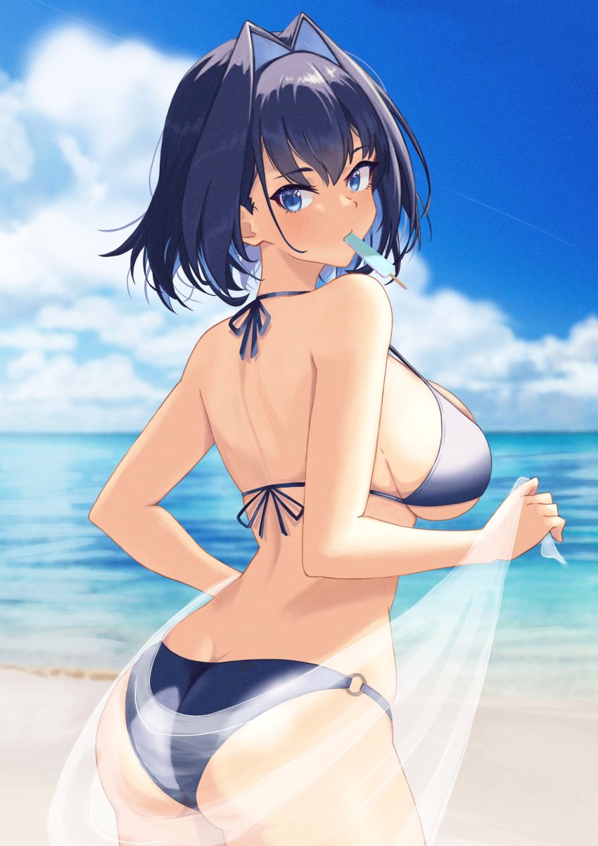 1girls 2d 2d_(artwork) alternate_costume ass back_view backboob beach big_breasts bikini blue_bikini blue_eyes blue_hair blush bra clouds day eating_ice_cream female female_focus female_only high_resolution highres hololive hololive_english hololive_english_-council- hololive_english_-promise- hourglass_figure ice_cream light_skin light_skinned_female looking_at_viewer looking_back ocean ouro_kronii outdoors sand short_hair sky solo solo_female solo_focus standing summer swimsuit thong thong_bikini two_piece_swimsuit virtual_youtuber voluptuous voluptuous_female vtuber vtuberfanart water young younger_female