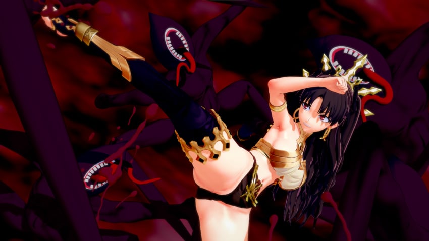 1girls 3d armpits black_hair breasts fate/grand_order fate_(series) female ishtar_(fate) kick kicking koikatsu lahmu lahmu_(fate) long_hair long_tongue monster red_eyes shorts spread_legs teeth