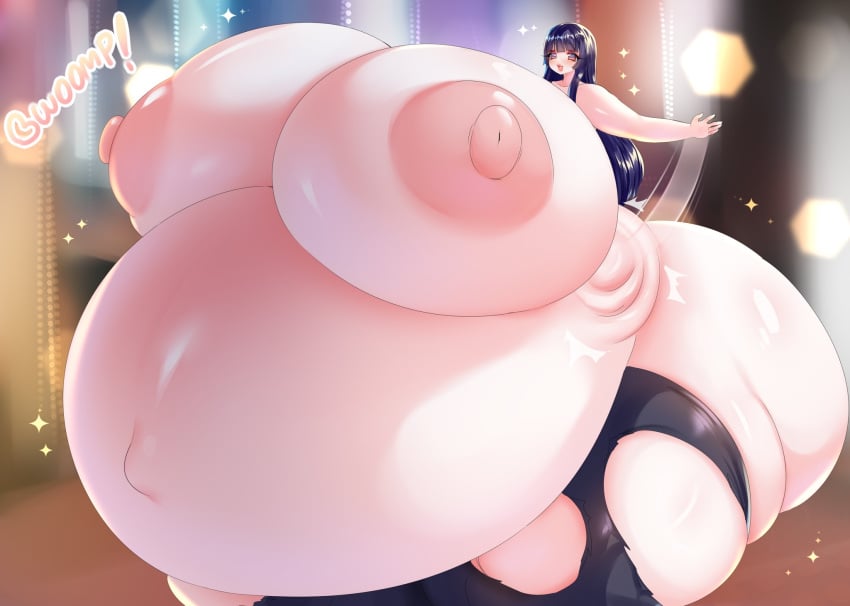 black_hair eating expansion expansion_sequence giantess_growth gigantic_belly gigantic_breasts gigantic_thighs hair_intakes hyper_belly hyper_breasts hyper_thighs lips mostly_nude omni_goddess original original_character outgrowing_clothes ripped_stockings sequence smile spread_arms thick_thighs third-party_source very_long_hair wide_hips