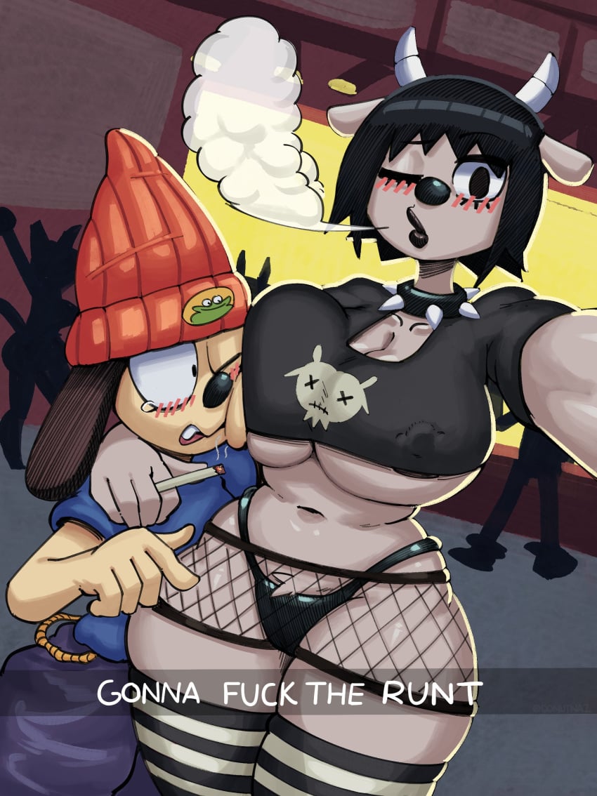 1boy 1girls bangs belt big_breasts black_eyes black_hair black_nails blush breasts cigarette collar domestic_dog donutnaz english_text female fishnets goth goth_girl grey_body grey_skin grin hair hi_res horns interspecies large_breasts male mddnaz medium_hair nail_polish navel nipple_bulge parappa parappa_the_rapper partially_clothed rammy_lamb selfie sony_corporation sony_interactive_entertainment speech_bubble spiked_collar teeth text thick_thighs thighhighs thighs um_jammer_lammy