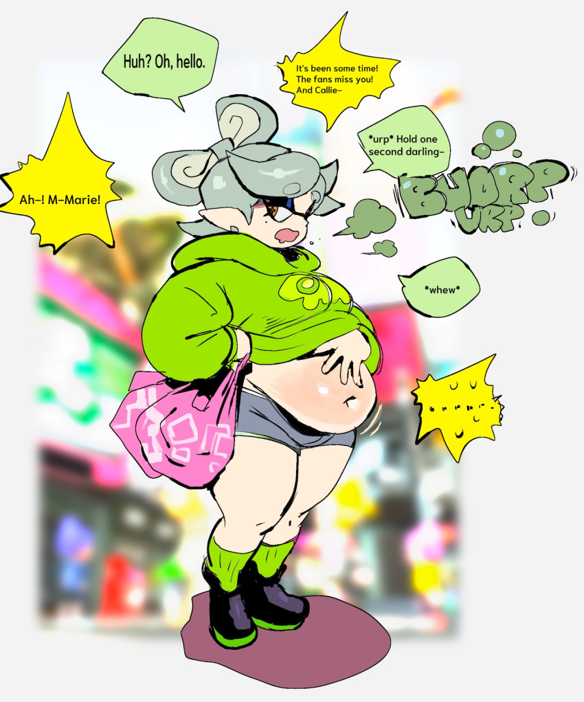 1girls 2024 belch belching belly belly_overhang big_belly chubby chubby_female dialogue english_text exposed_fat_belly fapolantern fat_fetish inkling large_belly marie_(splatoon) nintendo pot_belly speech_bubble splatoon weight_gain weight_gain_drive