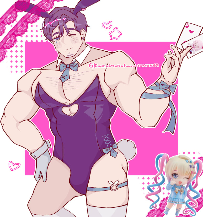 1boy bara black_hair blue_eyes bunny_suit chouzetsusaikawa_tenshi-chan male_focus mantits milgram mukuhara_kazui needy_girl_overdose needy_streamer_overload older_male rabbit_hole_(deco*27/caststation) silly stan_kangel