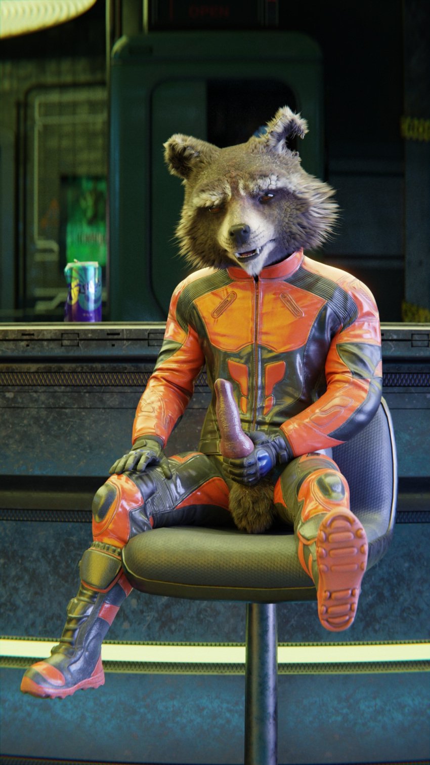 3d_(artwork) anthro balls boots brown_body brown_fur clothed clothing digital_media_(artwork) erection footwear fur gear genitals guardians_of_the_galaxy hi_res knot leather male mammal marvel penis procyonid raccoon ralic_turman rocket_raccoon shoes solo