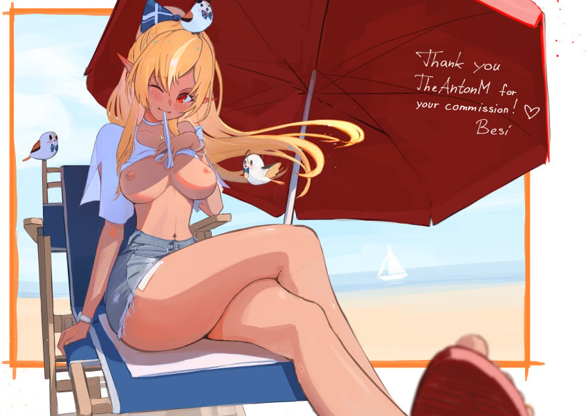 absurdres beach beach_chair beach_umbrella besi_(besidoesart) bikini blonde_hair blue_sky blush bow breasts breasts_out cleavage collarbone commission dark-skinned_female dark_elf dark_skin day denim denim_shorts elf elfriend_(shiranui_flare) female hairbow high_ponytail highres hololive hololive_fantasy hololive_japan horizon large_breasts long_hair looking_at_viewer multicolored_hair navel nipples ocean outdoors pointy_ears ponytail red_eyes sand sandals shiranui_flare shorts sidelocks sky smile solo streaked_hair swimsuit umbrella virtual_youtuber water white_hair