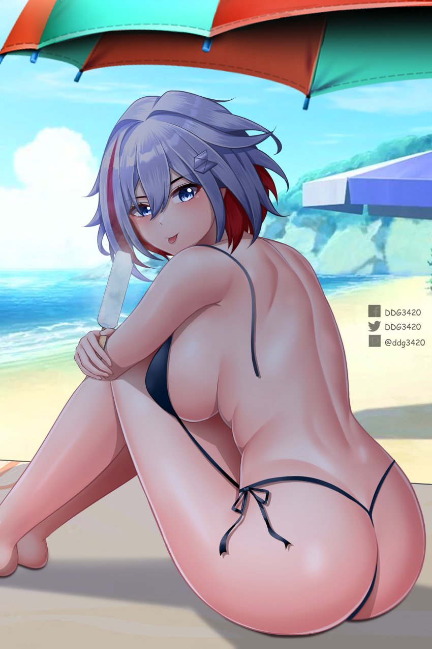 absurdres ass beach bikini black_bikini blue_eyes blue_hair breasts commentary d.d.g ddg3420 english_commentary facebook_logo facebook_username female food g-string highres honkai:_star_rail honkai_(series) ice_cream large_breasts looking_at_viewer multicolored_hair naughty_face ocean pixiv_logo pixiv_username red_hair sand self-upload short_hair side-tie_bikini_bottom sideboob sitting solo string_bikini swimsuit t-back thong thong_bikini tongue tongue_out topaz_(honkai:_star_rail) twitter_logo twitter_username umbrella water