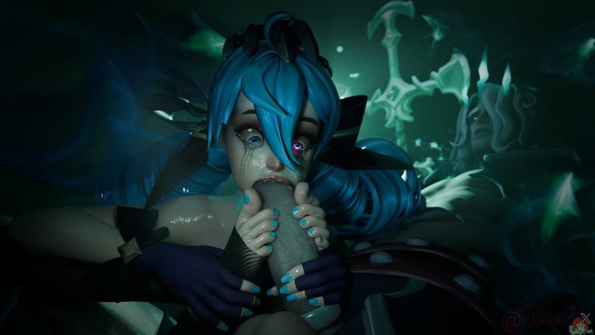 4k big_penis blender_cycles blue_eyes blue_hair cock_ring cum cum_in_mouth cum_inside dekquciz feet feet_focus feet_on_penis feet_together fingerless_gloves foot_fetish footjob footjob_with_legwear giving_head gwen_(league_of_legends) handjob_while_sucking league_of_legends league_of_legends:_wild_rift penis pleasure_face ruined_king runny_makeup tattoo tattoos toenail_polish toes viego_(league_of_legends)