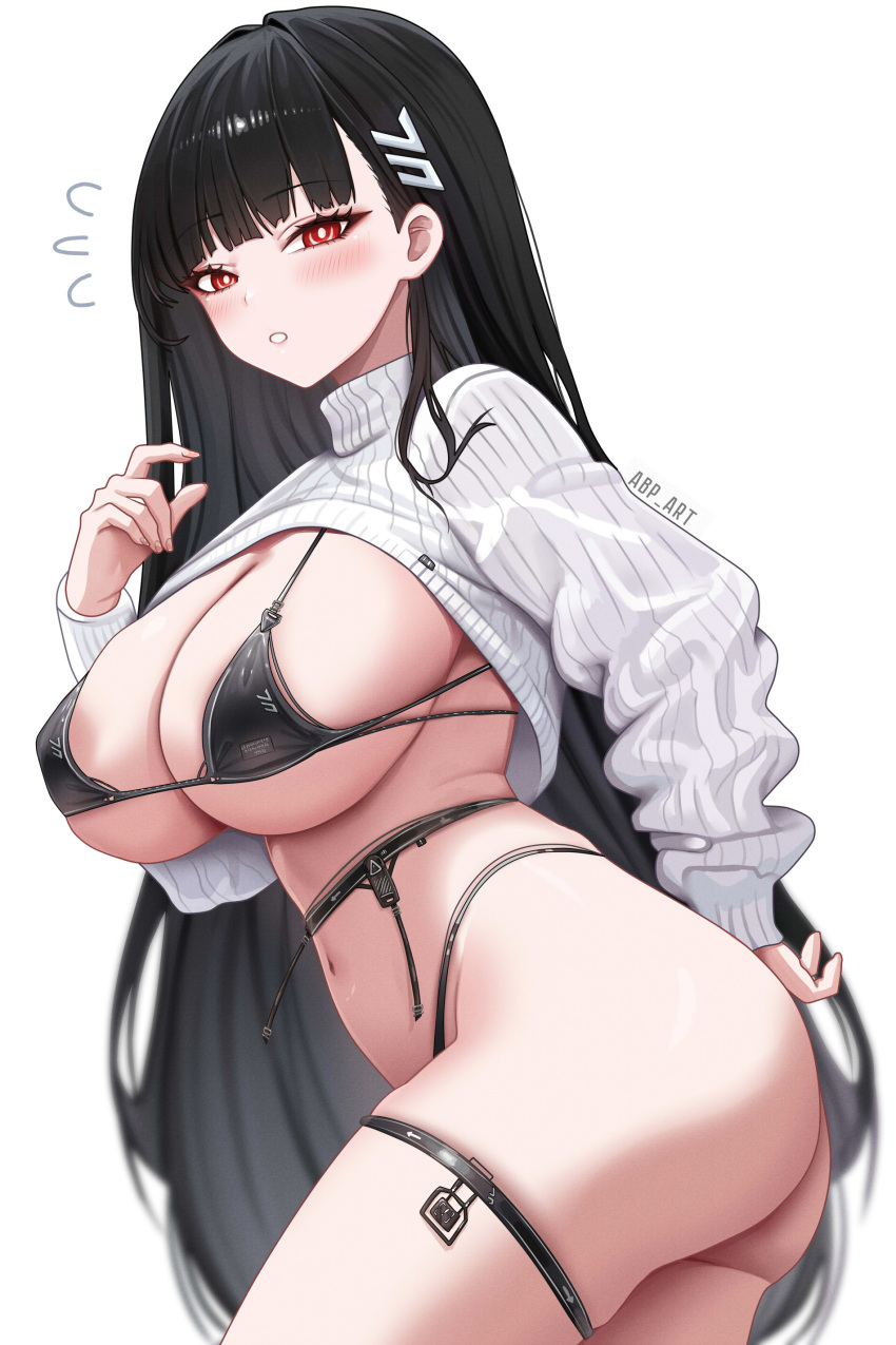 1girls abp_art black_hair blue_archive bra breasts female hi_res huge_breasts light-skinned_female light_skin long_hair panties red_eyes rio_(blue_archive) simple_background