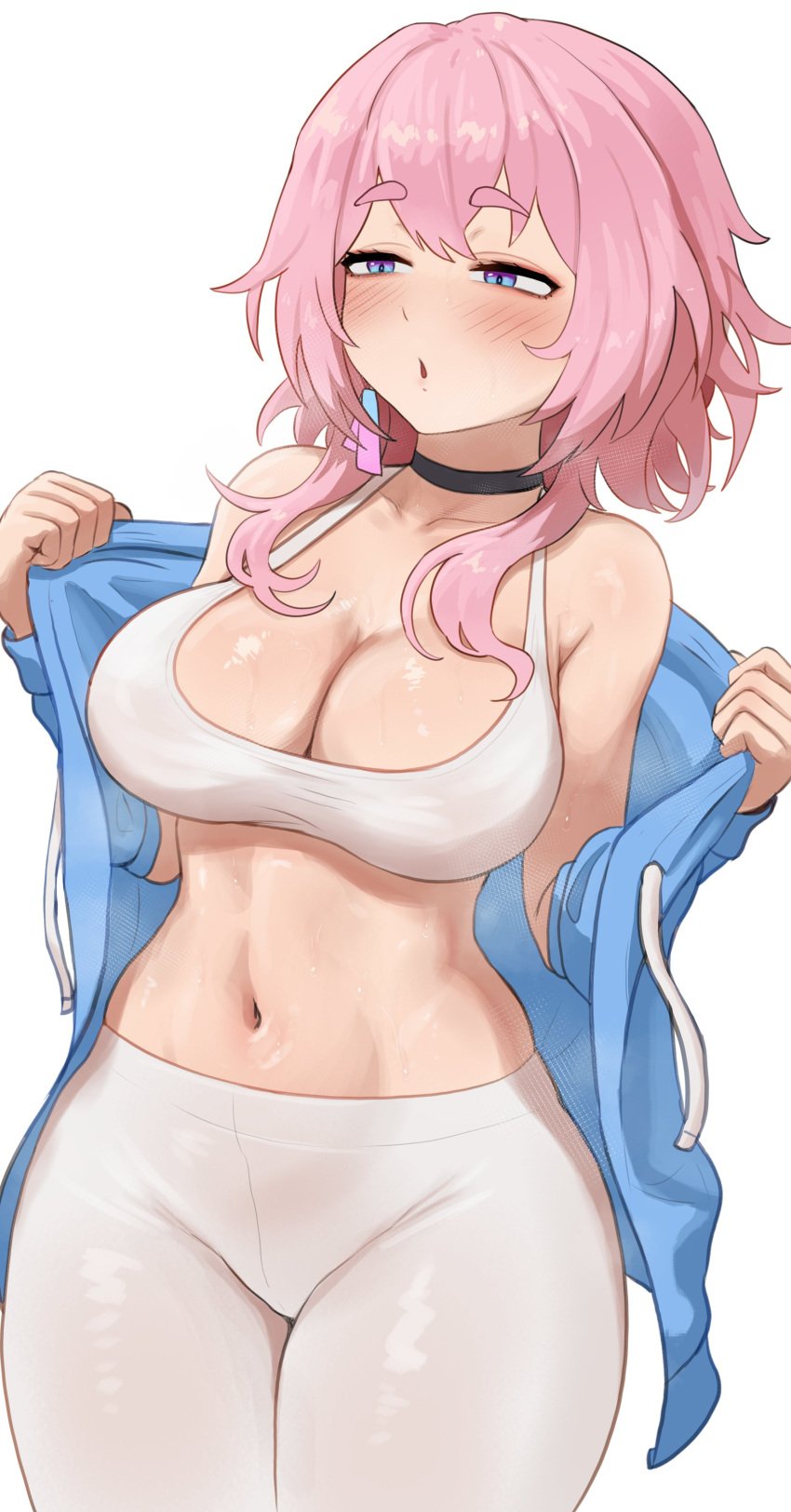 1girls big_breasts blue_eyes breasts brikot female honkai:_star_rail honkai_(series) large_breasts light-skinned_female light_skin long_hair march_7th_(honkai:_star_rail) midriff navel pink_hair sports_bra sportswear yoga_pants